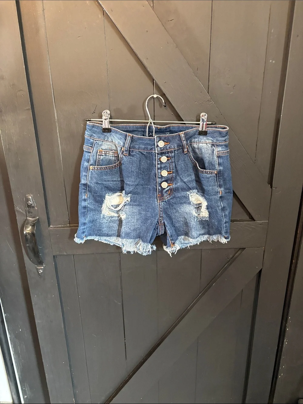 High-Rise Distressed Denim Shorts - Blue